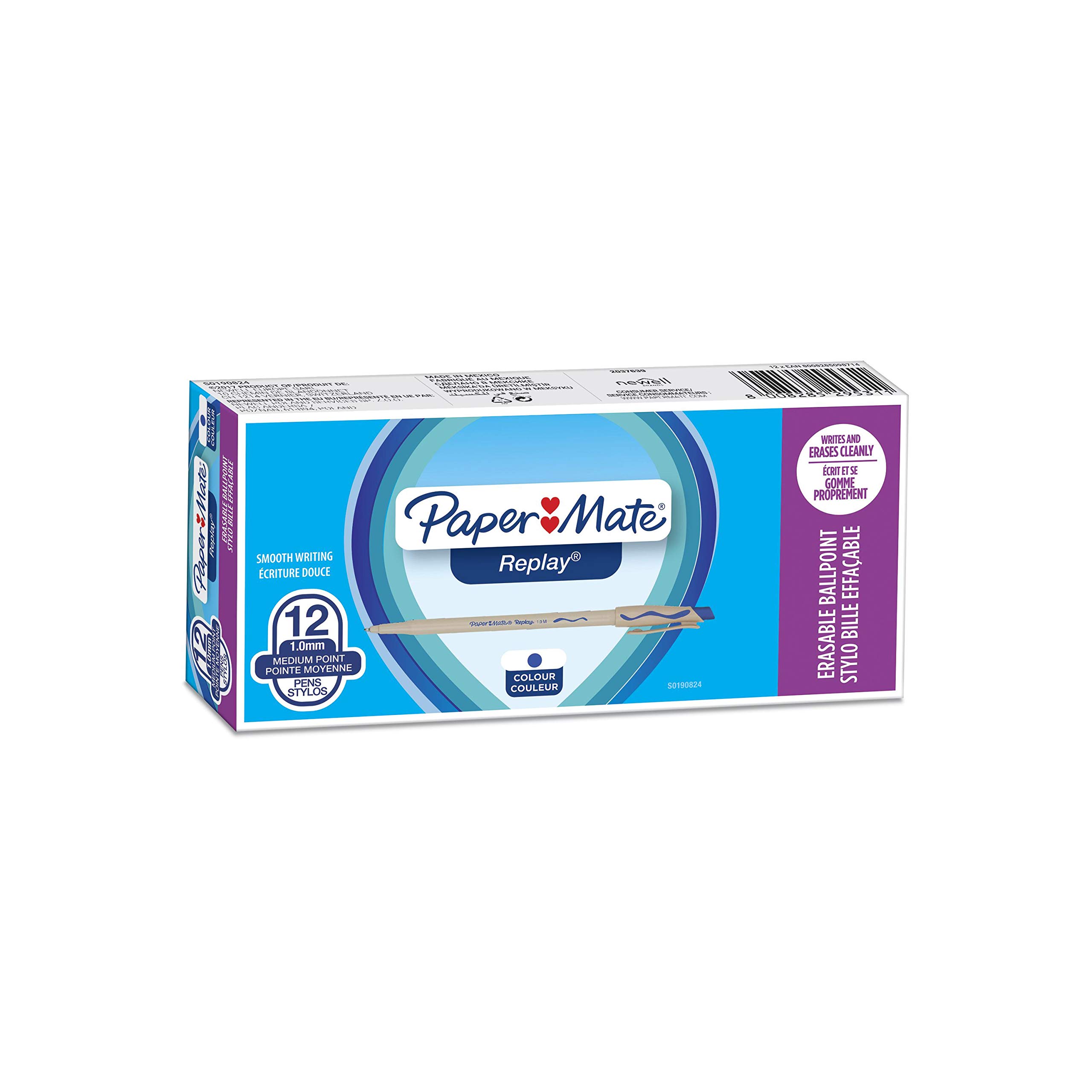 Paper Mate Replay Erasable Ballpoint Pen | Medium Point (1.0mm) | Blue | 12 Count