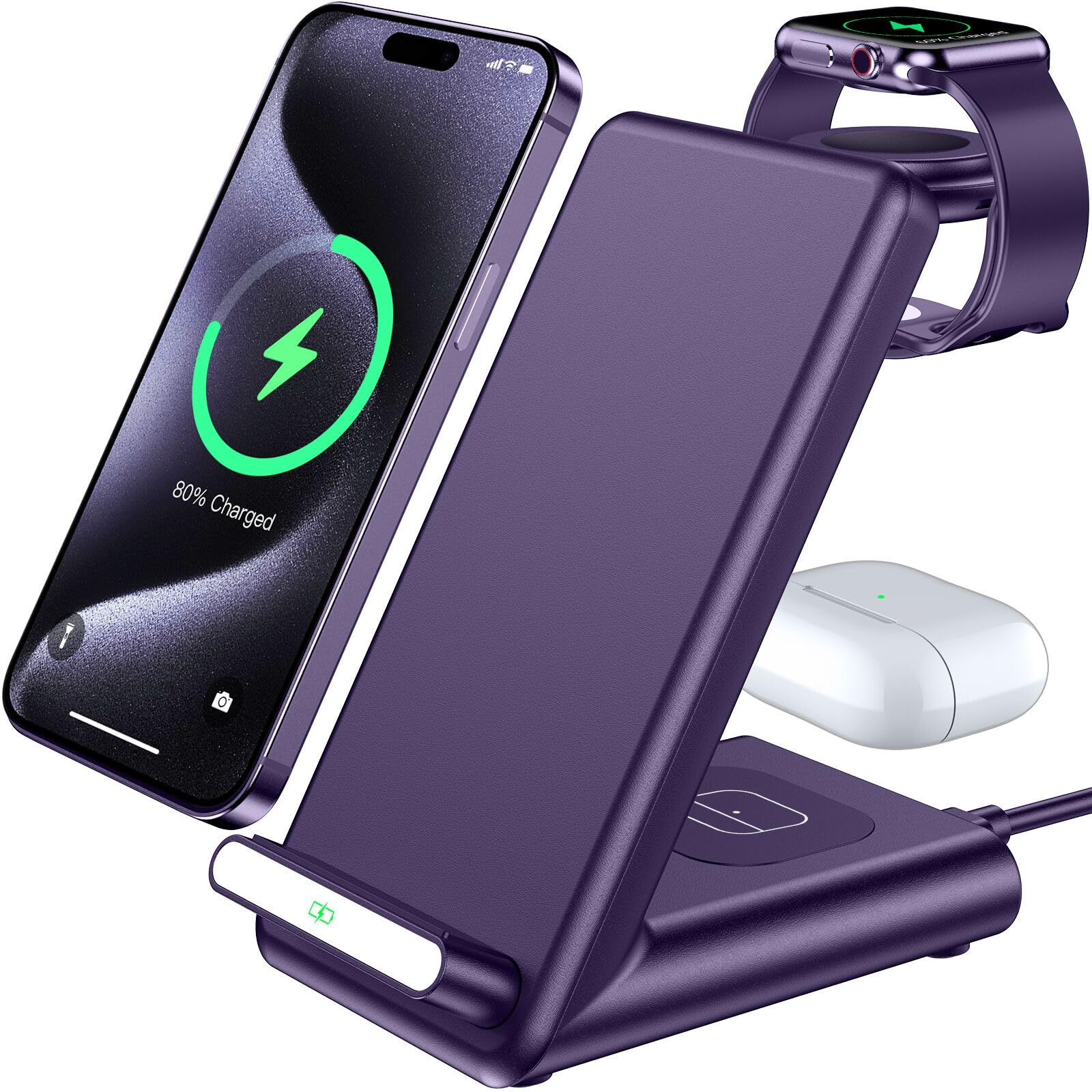 Photo 1 of Wireless Charging Station,3 in 1 Charging Stand Made for Apple Watch Ultra 11 10 9 8 7 6 SE 5 4 3,Fast Wireless Charger Made for iPhone 17/Air/16/15/14/13/12,for AirPods Pro 3(with Adapter) (Purple)