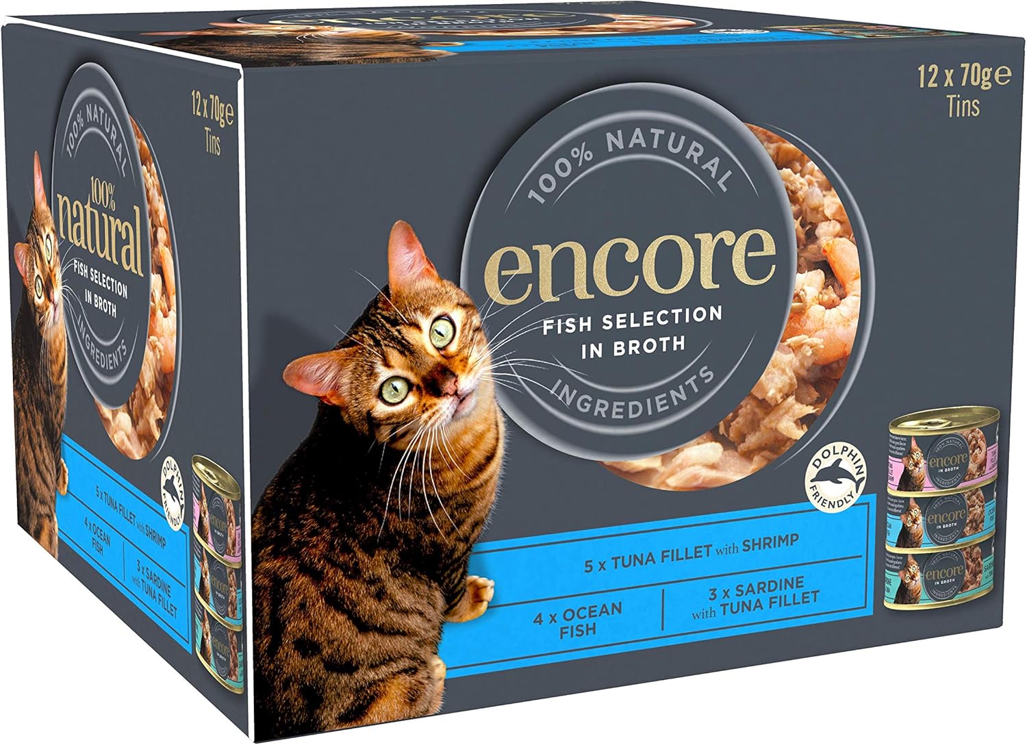 Encore 100 Natural Wet Cat Food, Multipack Fish Selection in Broth 4 x 12 x 70g (Total 48 Tins