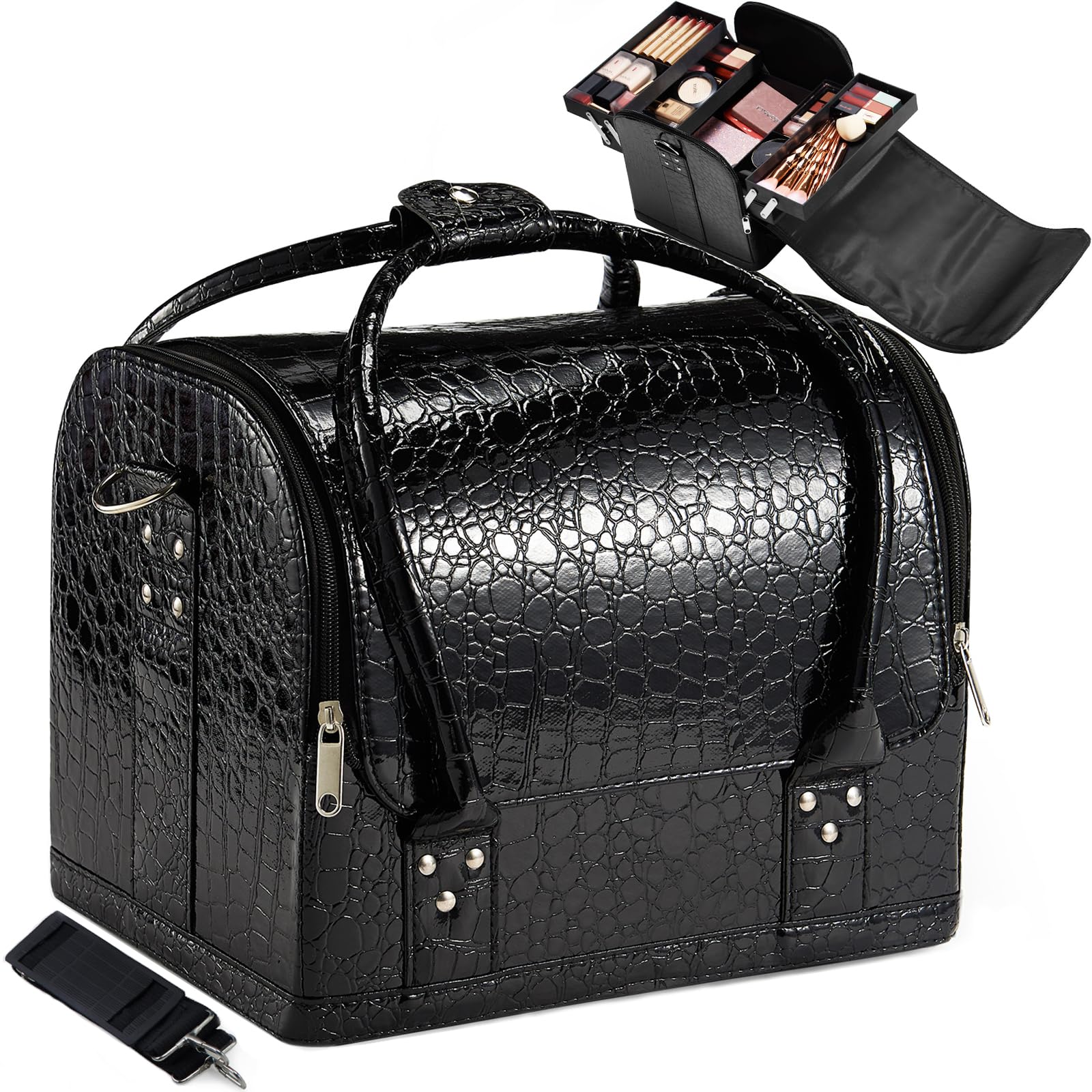 Joligrace Makeup Box Large Make up Bag Makeup Organiser Bag Vanity Case Beauty Hairdressing Organiser Box with Shoulder Strap Black