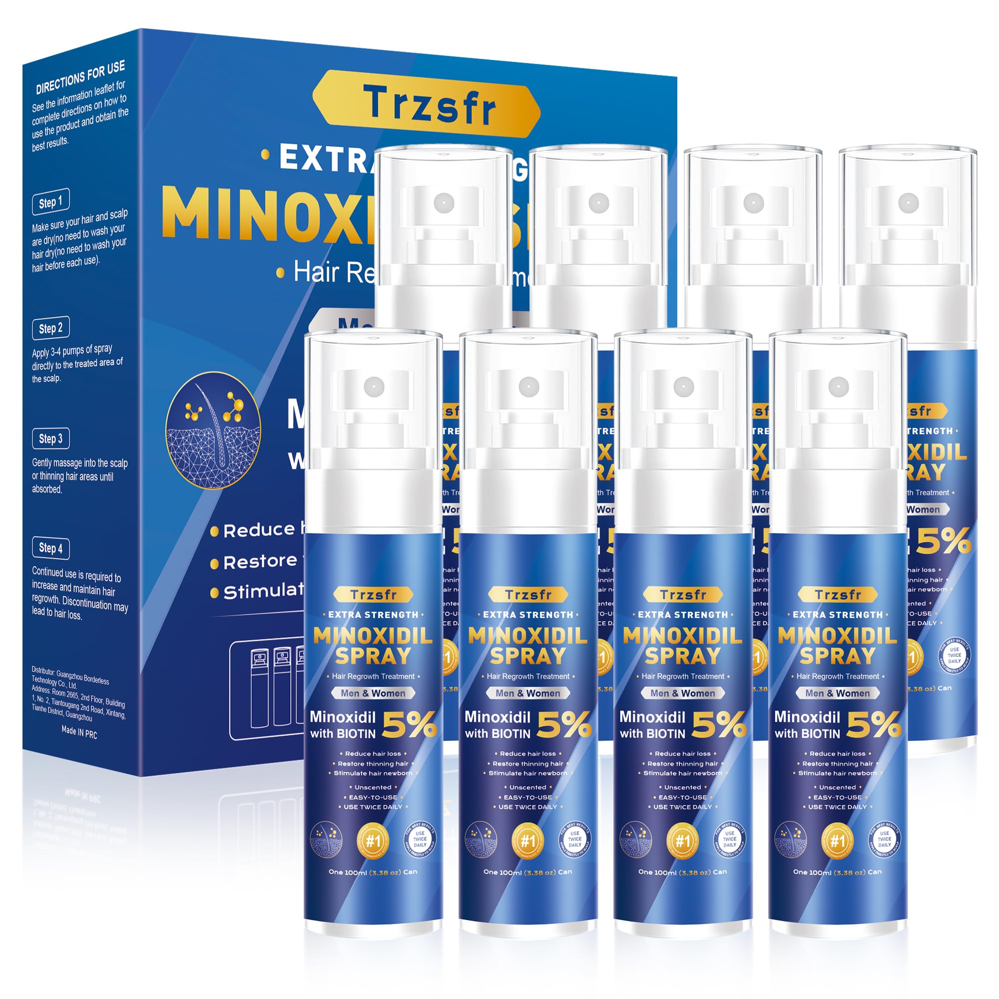 Photo 1 of 5% Minoxidil Spray for Men & Women - Hair Growth Serum & Hair Regrowth Treatment | Extra Strength with Biotin | 12-Month Supply 8-Pack (28 fl oz) | Clinically Proven for Hair Loss & beard growth