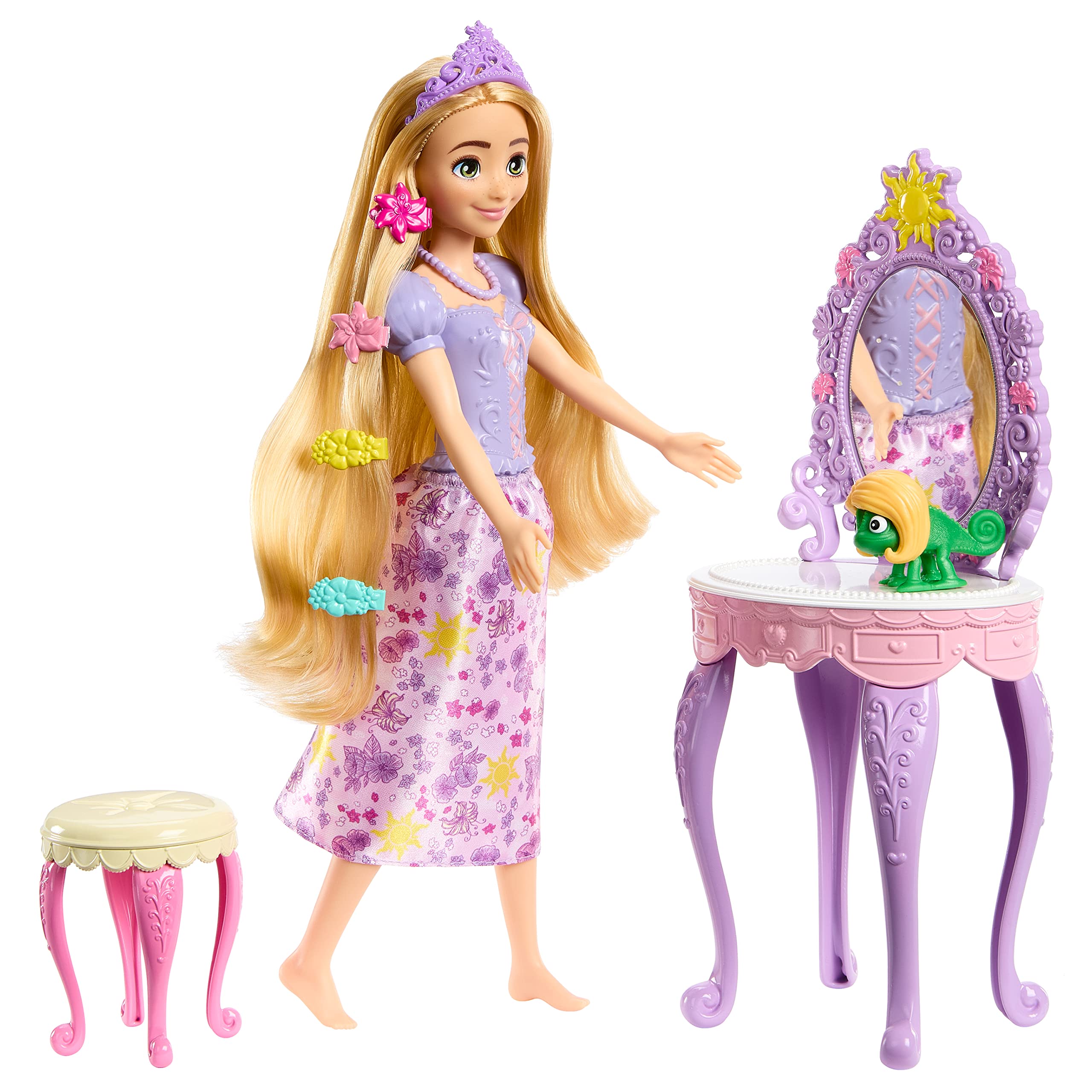 Disney Princess Toys, Rapunzel Doll with Vanity, Pascal and 10 Accessories, Inspired by the Disney Movie, HLX28
