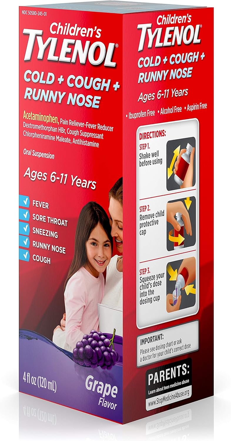 Children's Tylenol Cold + Cough + Runny Nose & Fever Medicine with Acetaminophen, Grape, 4 fl. oz: Health & Personal Care