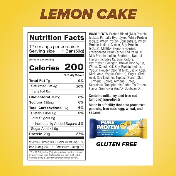 PURE PROTEIN PURE PROTEIN BARS, HIGH PROTEIN, NUTRITIOUS SNACKS TO SUPPORT ENERGY, LEMON CAKE, 12 COUNT, 12 COUNT
