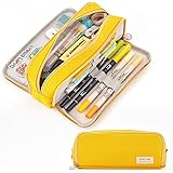 CICIMELON Large Capacity Pencil Case 3 Compartment Pouch Pen Bag for School Teen Girl Boy Men Women (Yellow)