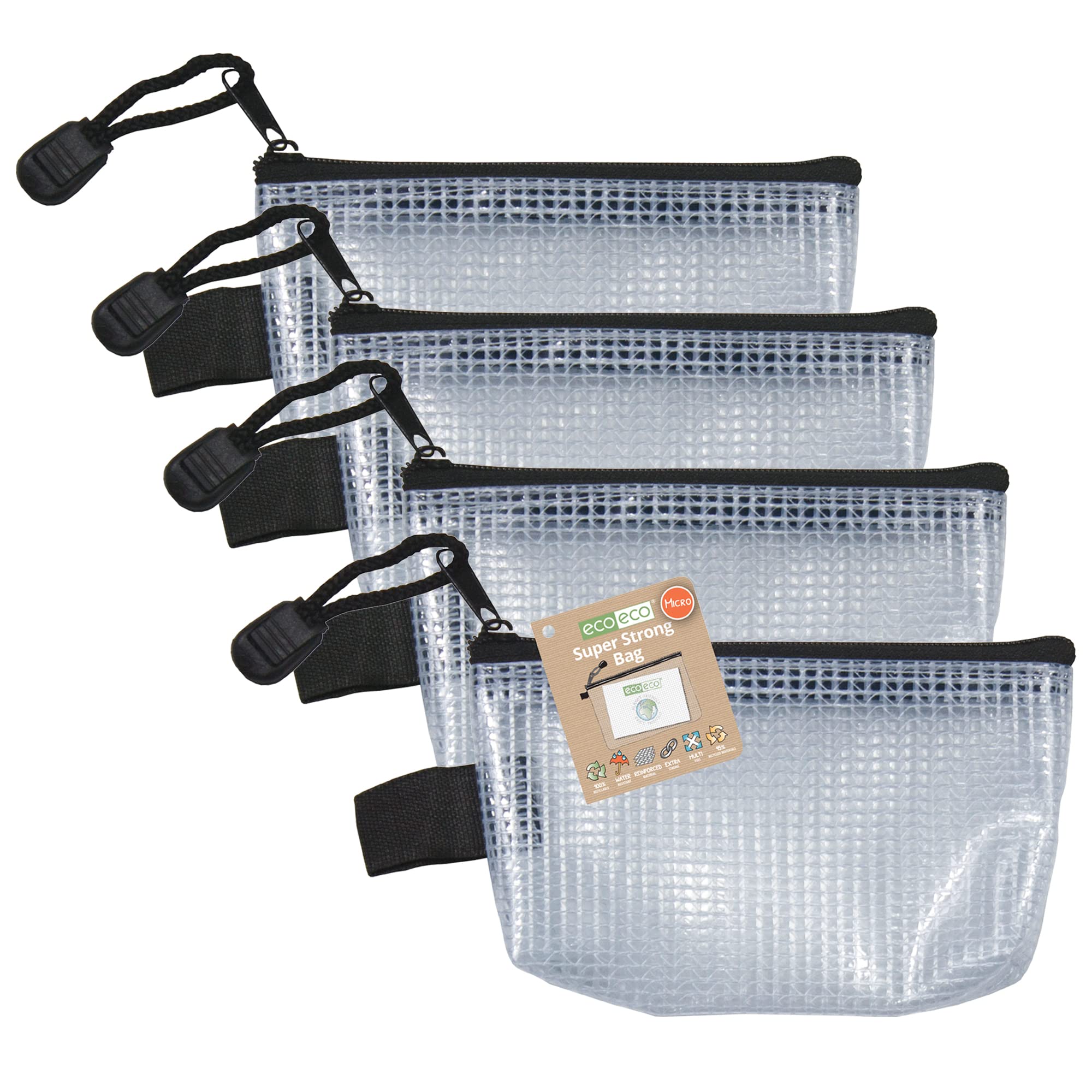 eco-eco Micro 95% Recycled Super Strong Bag, Waterproof Mesh Tuff Bag, Reinforced Black Zip Closure, 13x8cm, Pack of 4, eco122x4