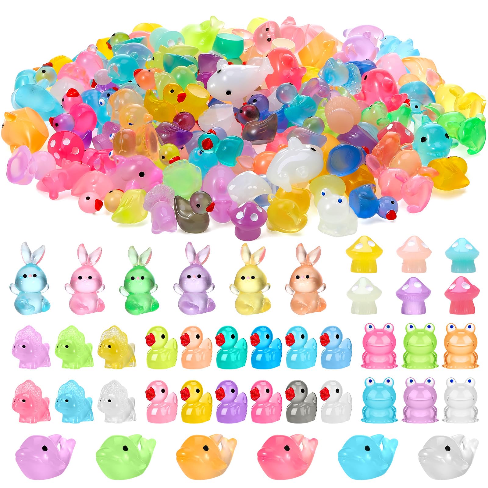 GSrenyu 120 Pcs Mini Resin Animals - Luminous Mini Animals, Ducks, Frogs, Rabbits, Dinosaurs, Mushrooms, Dolphins Resin Figures for Garden, Landscape, Dollhouse Decor & DIY Craft