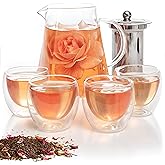 Mixpresso 5 Piece Glass Tea Pot Set, Kettle with Removable Infuser, Clear Glass Teapot 33oz With 4 Double Wall Cups 2.7oz Stovetop Safe Teapot For Loose Leaf Tea, Perfct As Tea Gift Sets.