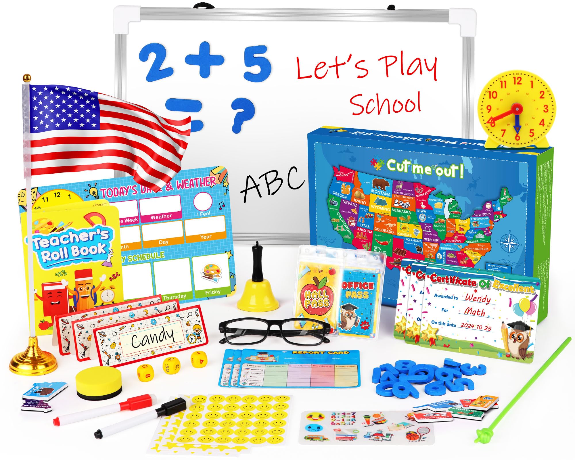 Photo 1 of UOMTFAI Pretend Play Teacher Set, Kids Pretend Teacher Playset with Whiteboard Learning Clock Magnetic Numbers and Map Puzzles, Pretend Play Teaching Toys Learning Education Toys for Kids