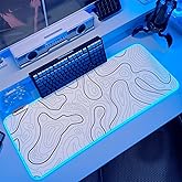 JMIYAV Gaming Mouse Pad RGB Mousepad Non-Slip Rubber Base Extra Large Cool XL XXL Computer Desk Pad Gaming Accessories Setup LED Light Up Big Mouse Pad for Gamer White Topographic (31.5x12In)