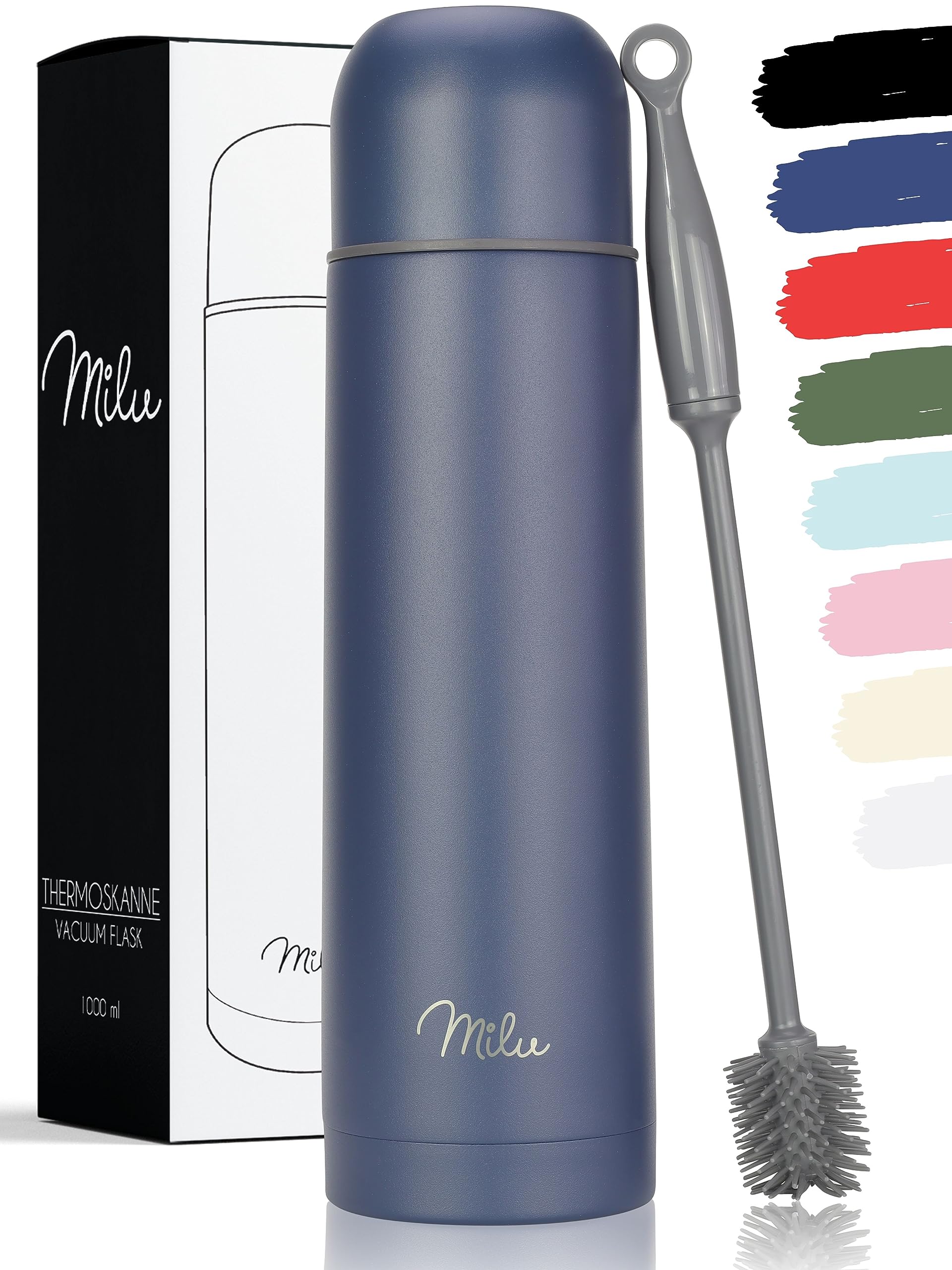 Milu Thermo Water Bottle with Cup, 1L, 750ml, 500ml - Insulated Stainless Steel Drinking Flask, 100% Leak-Proof, Double wall Insulation (Navy Blue, 750ml)