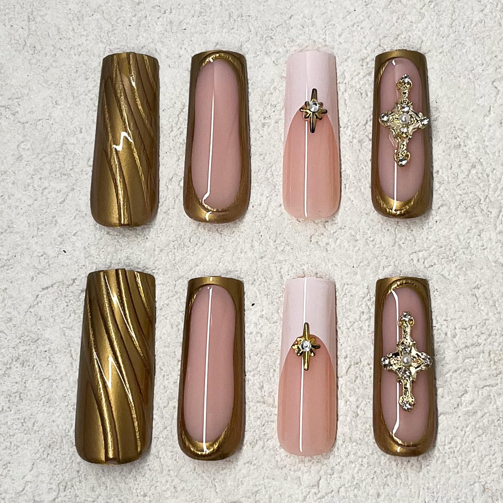 ROFIBUT French Tip Press on Nails Long Square Fake Nails with 3D Relief Design Glossy Gold Solid Color Coffin False Nails Luxury Star Charms Glue on Nail for Women Girls Manicure Nail Decoration 24Pcs - Image 3