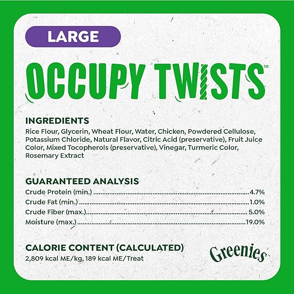 GREENIES OCCUPY TWISTS NATURAL DOG TREATS LARGE BREED SIZE CHICKEN FLAVOR, 8.55 OZ. PACK, 4 COUNT