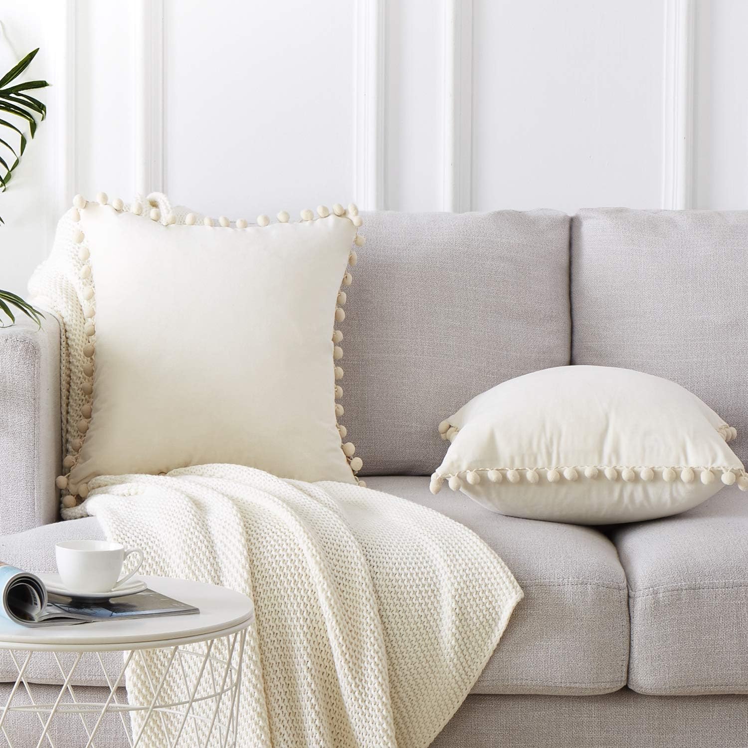 Top Finel Square Decorative Throw Pillow Covers Soft Velvet Outdoor Cushion Covers 18 X 18 with Balls for Sofa Bed, Set of 2, Cream: Home & Kitchen