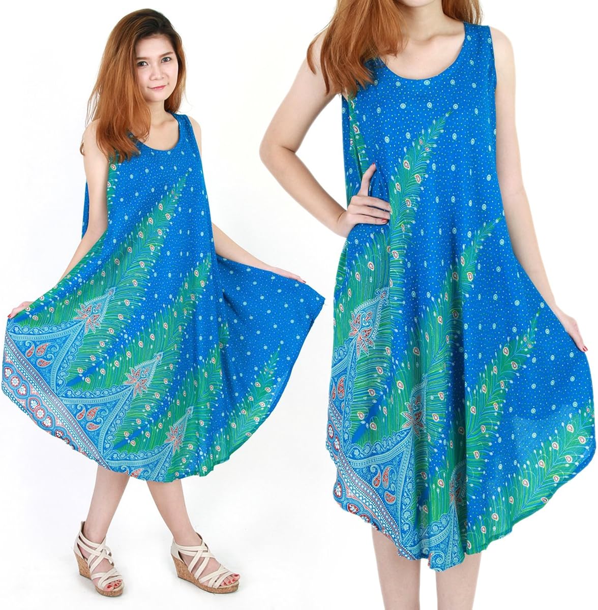 Peacock Bohemian Casual Beach Sundress Size XS-XXL up to 2X Blue bw06c at Amazon Womenâs 
