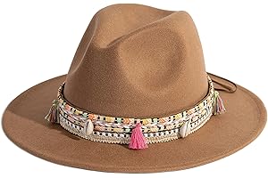 Gossifan Women's Felt Fedora Hat Wide Brim Panama Hats with Tassel