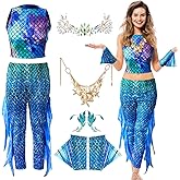 Leumoi 6 Pcs Mermaid Costume for Women summer Fish Scale Print Top Pants Gloves Starfish Pearl Necklace Set for Cosplay