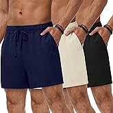 Neer 3 Pack Men's Linen Shorts Casual Lightweight Elastic Waist Drawstring Summer Shorts with Pockets