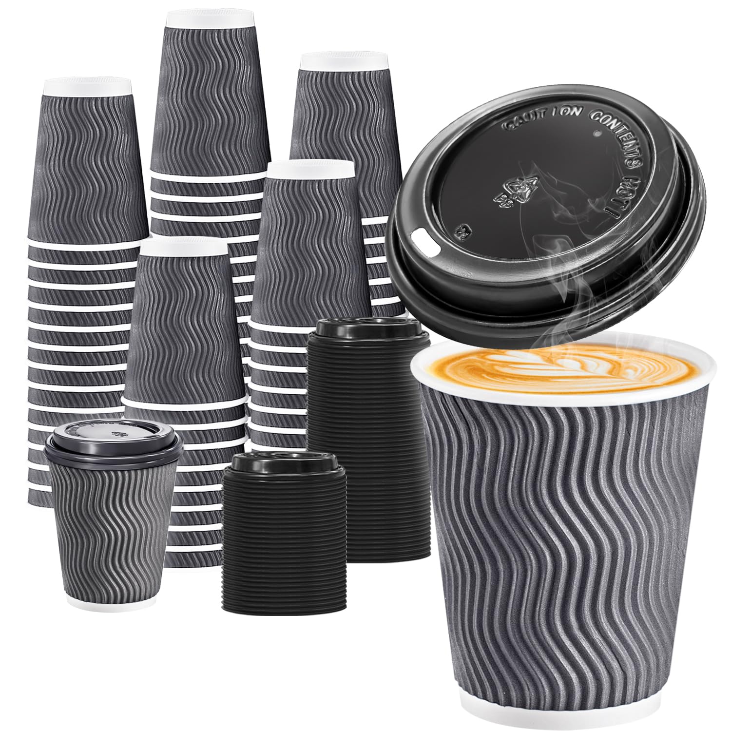 BYSNOW 100 Pack 10 oz Coffee Cups with Lids, Disposable Insulated Hot Cups To Go Paper Coffee Cups, Corrugated Ripple Wall Cup for Hot Drink, Office, Coffee Bar (Grey 10 oz) Image