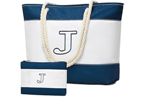 Becokan Initial Beach Bag Waterproof Canvas Beach Tote Bag Zipper Personalized Gifts for Women Her Birthday Travel Essentials