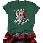 LAWOZZOS Christmas Shirts for Women: Christmas Tree T Shirt Merry and Bright Short Sleeve Xmas Tees Tops