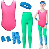 Kids 80s 90s Workout Costume for Girls Neon Party Halloween Cosplay 5Pcs Set