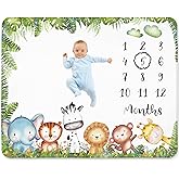 Safari Milestone Blanket for Boy – Jungle Animals Theme, Monthly Tracker with Wreath, Soft Fleece 50x40, Newborn Photo Prop, Cute Nursery Decor for New Moms