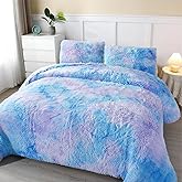 PERFEMET 3 Pcs Blue Plush Shaggy Comforter Queen Size Tie Dye Long Faux Fur Rainbow Bedding Set for Girls Ultra Soft Warm Fluffy Furry Bed Sets(Blue, Queen)