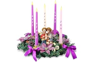 ElectricWise Christmas Advent Wreath Candle Holder, Purple Ribbon Advent Wreath w/Nativity Scene Figurine, 5 Metal Candle Cups, for Holiday Table Centerpiece Decorations, No Candles(Standing Style)