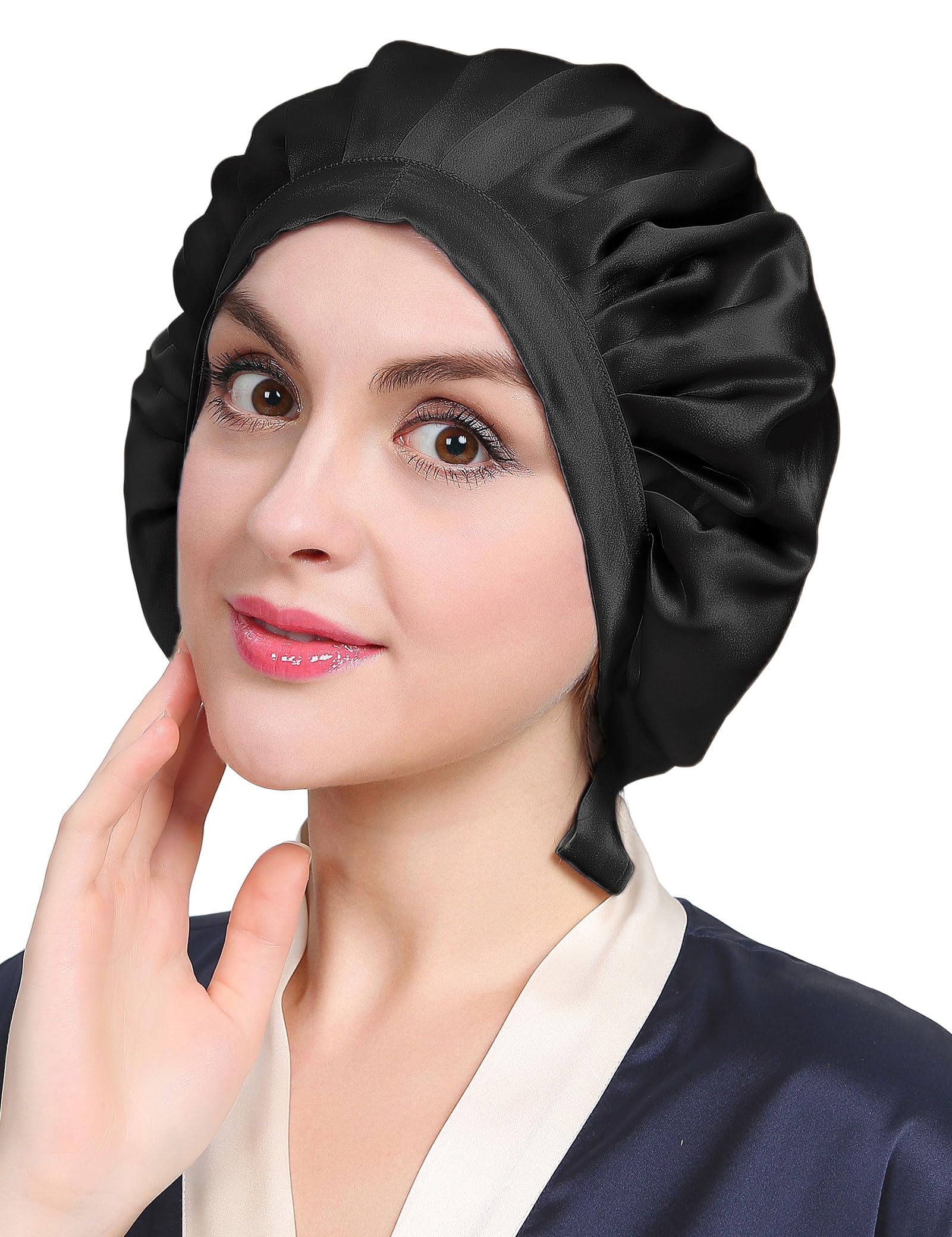 LILYSILK Women's 100 Silk Sleep Cap for Sleeing Hat Bonnet Head Cover 19 Momme Pure Mulberry Silk Black 7008(Size: One Size)
