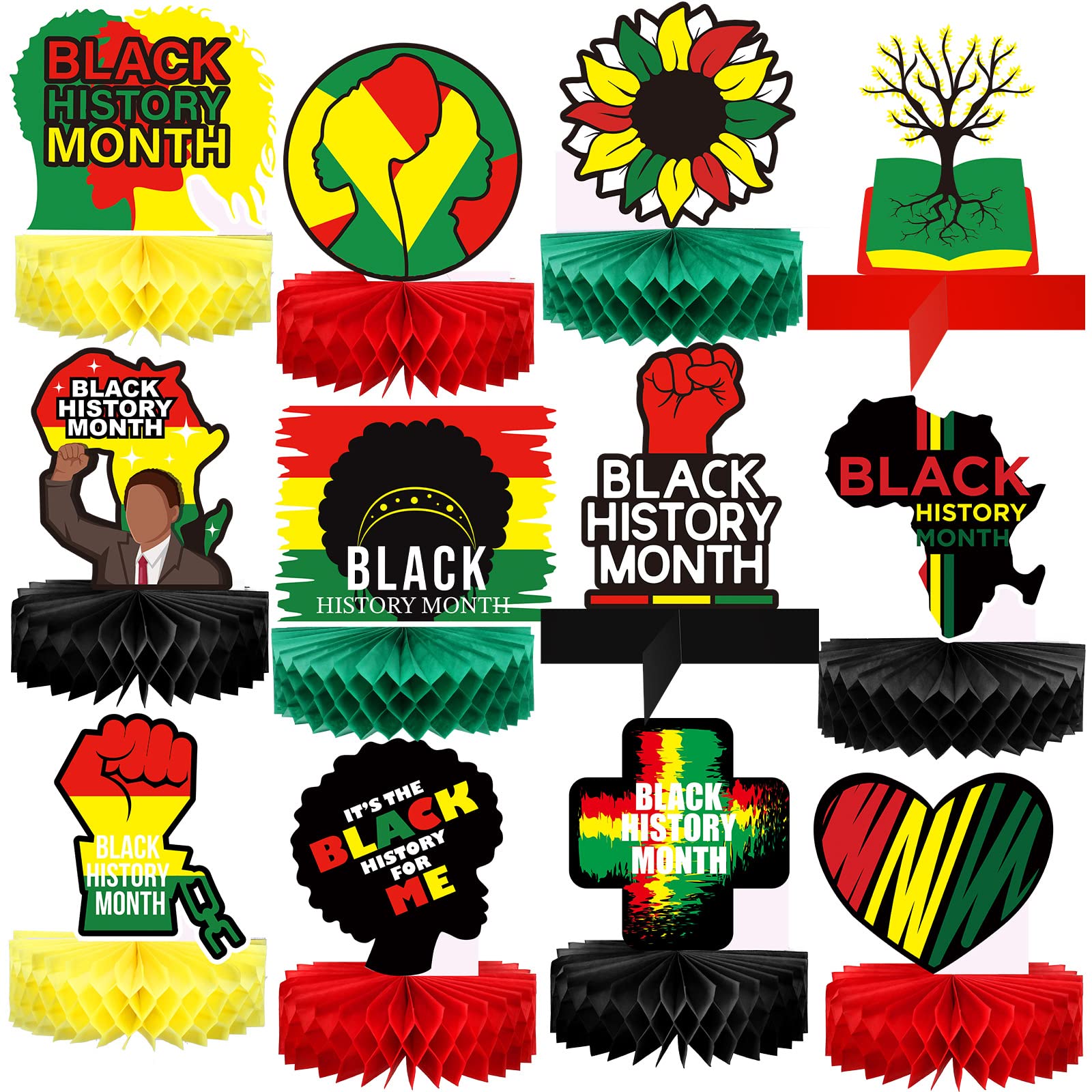 Photo 1 of 12 Pcs Black History Month Party Decorations Black History Month Party Centerpiece Honeycomb Table Toppers for African American BHM Festival Decor Black History Month Party Supplies