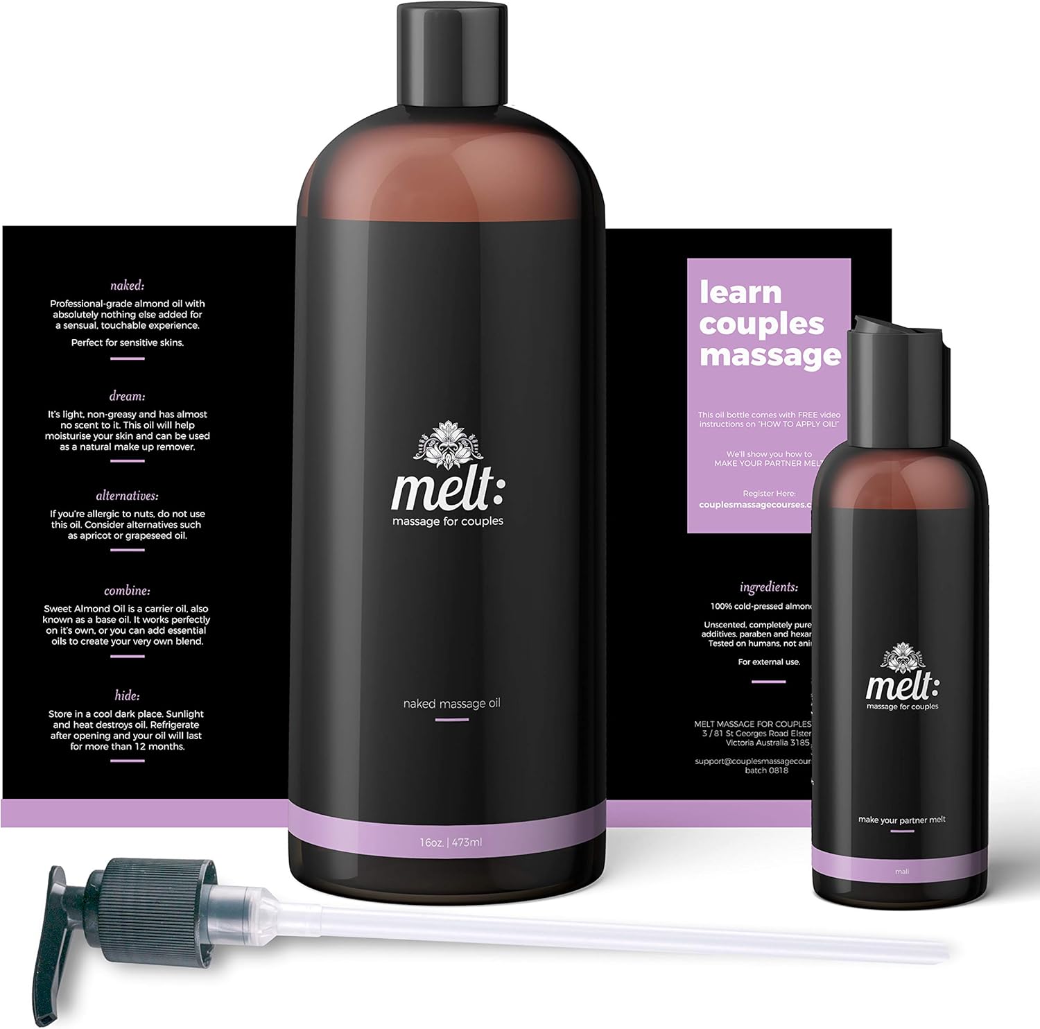 Melt Almond Sensual Massage Oil 16oz + Free Couples Massage Tutorial + Bonus Travel Bottle + 3 Caps. Relaxing, Therapeutic, Soft, Moisturizing Skin Therapy | Make Your Partner Melt Sweet Almond Oil: Health & Personal Care