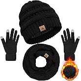 Winter Beanie Hat Scarf Gloves, Warm Fleece Knit Hats Touch Screen Gloves Neck Scarf Set Winter Gifts for Unisex Adult