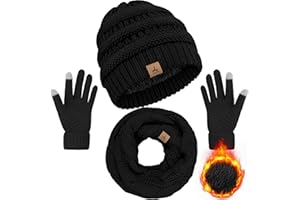 LOROME Winter Beanie Hat Scarf Gloves, Warm Fleece Knit Hats Touch Screen Gloves Neck Scarf Set Winter Gifts for Unisex Adult