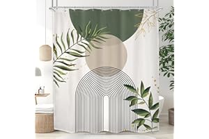 Mitpok Boho Green Shower Curtain, Sage Bohemian Mid Century Modern 60Wx72H Bathroom Curtain, Abstract Gold Leaves Plant Olive Grey Minimalist Bathroom Decor Bath Curtain Polyester 12 Pack Hooks