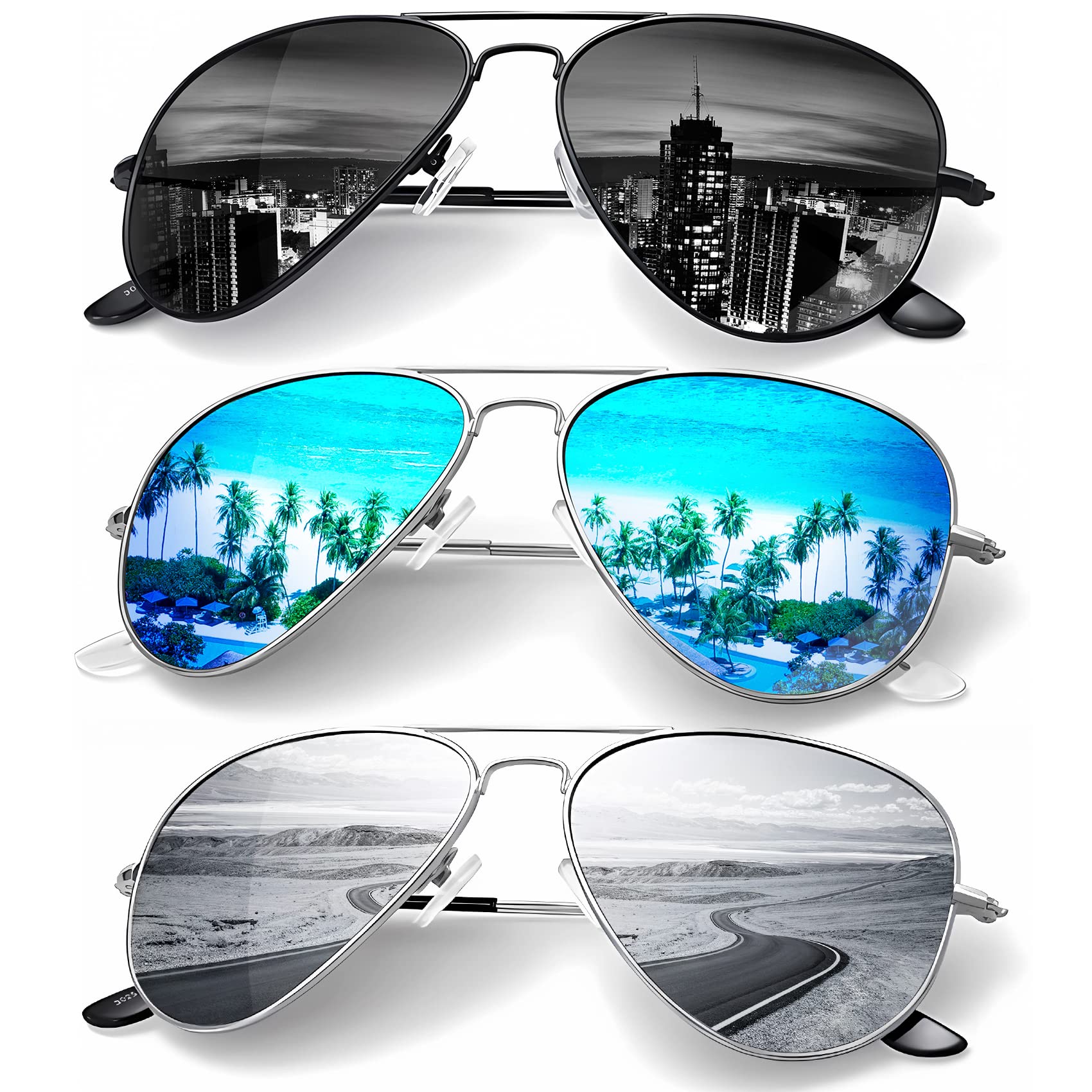 Photo 1 of KALIYADI Classic Aviator Sunglasses for Men Women Driving Sun glasses Polarized Lens UV Blocking (3 Pack) 58mm