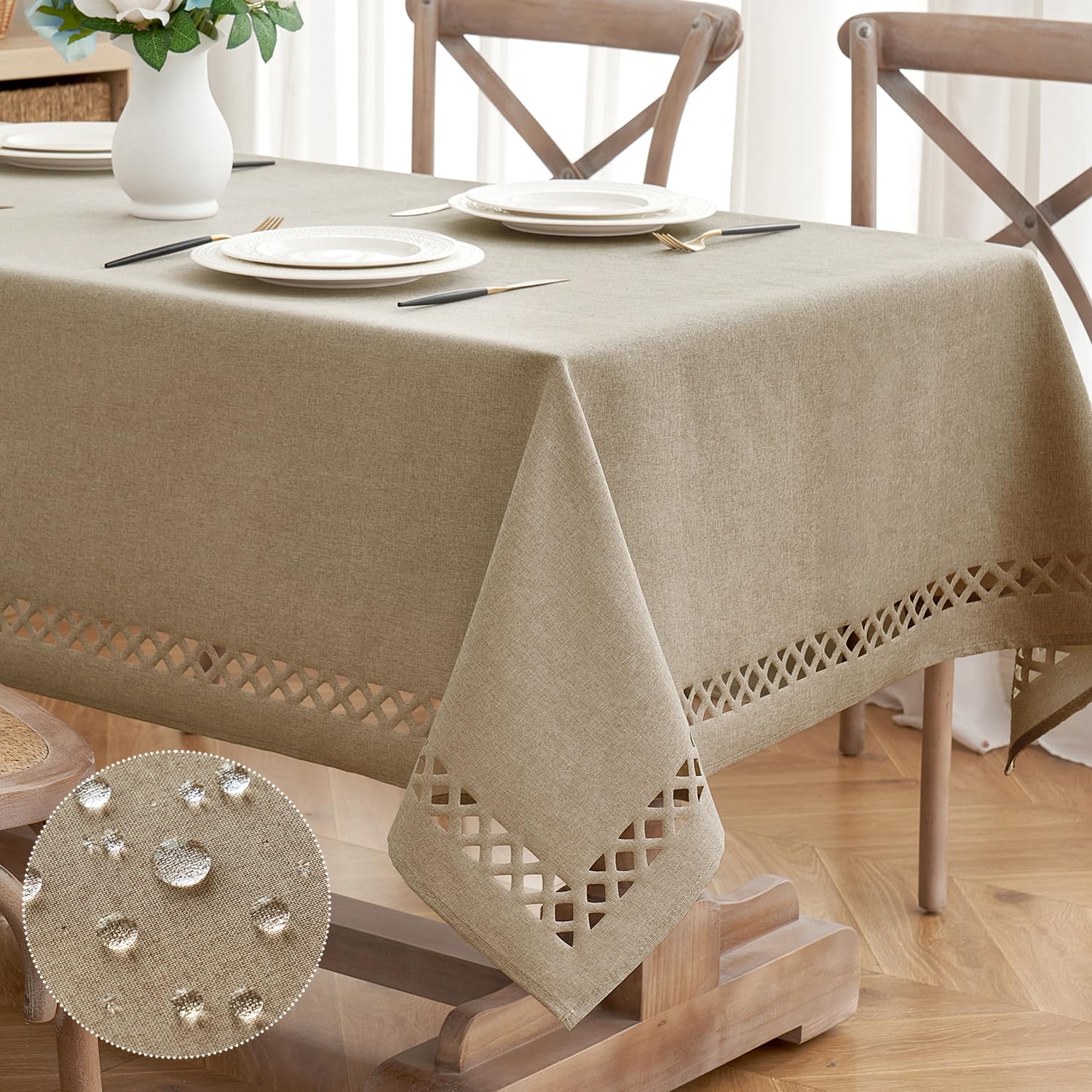 Photo 1 of MIULEE Beige Thick Polyester Linen Rectangle Tablecloth Decorative Cutouts Waterproof Stain and Wrinkle Resistant Table Cloth Burlap Farmhouse Table Cover for Dining Party Wedding, 55 x 84 inch