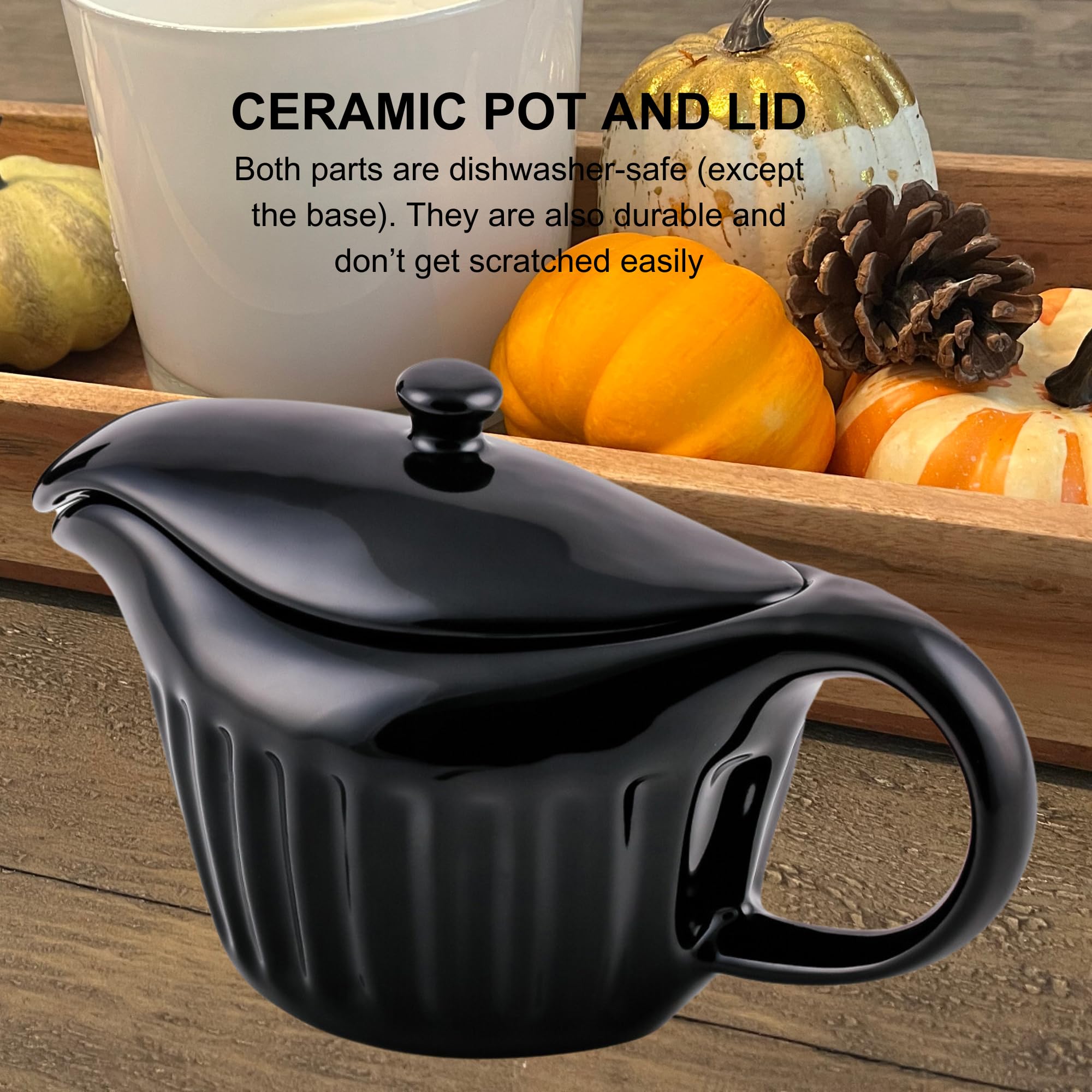 OVENTE Electric Gravy Boat Warmer with Ceramic Pot and Lid, Detachable Warming Base and Easy-Pour Spout, 13.5 Ounce Ideal for Small Parties, Entertaining, Thanksgiving and Holiday, Black FW024589B