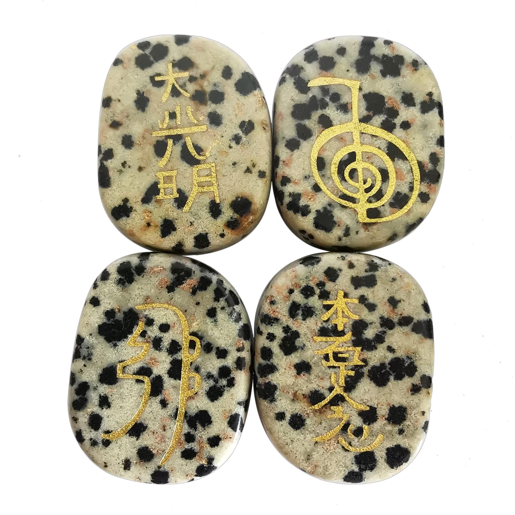 Lovionus89 4 Pcs Dalmation Jasper Engraved Chakra Stones Healing Crystal Reiki Balancing Palm Stone, 25mm