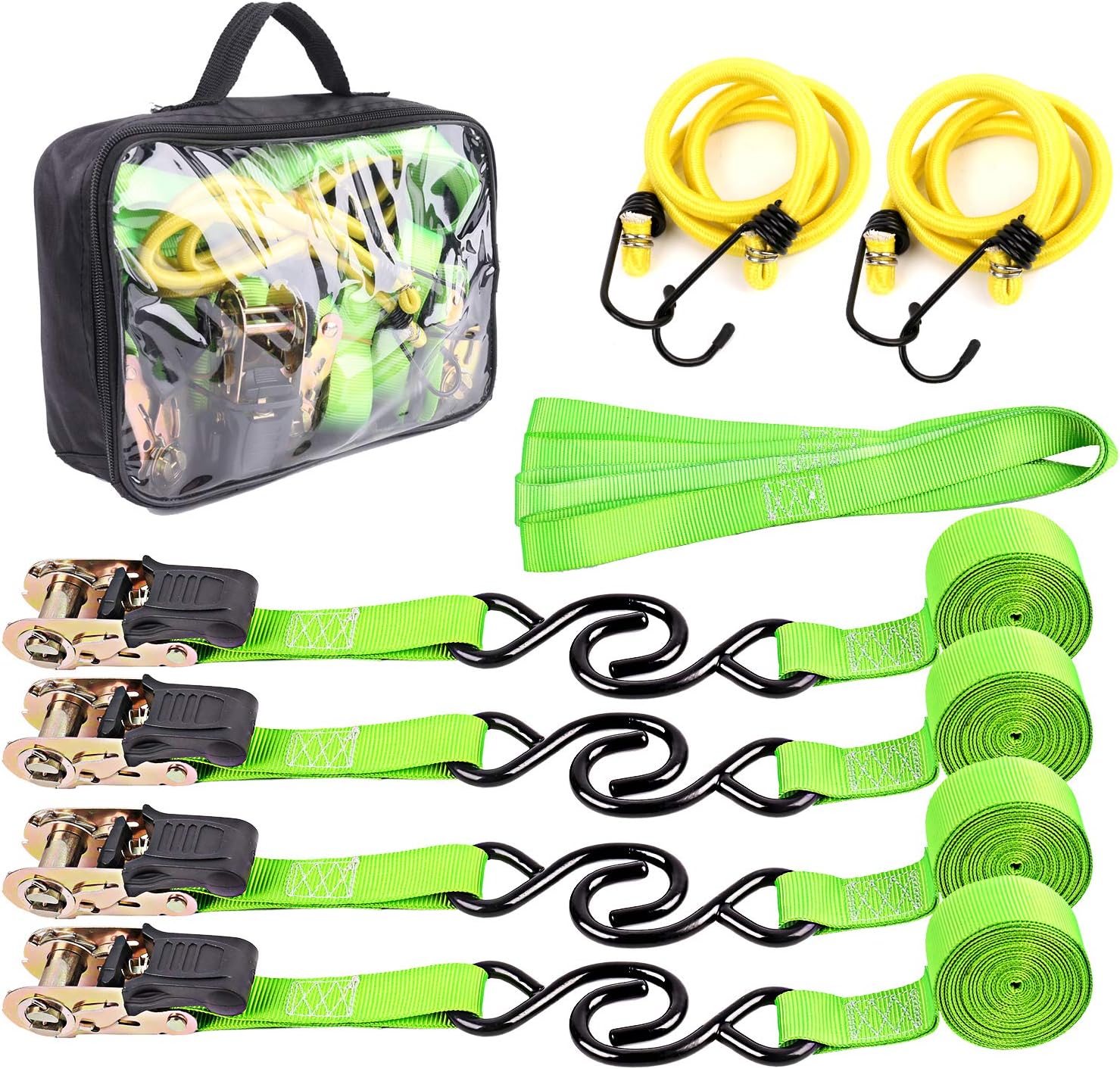 Ratchet Straps Tie Down Straps 4pcs - 1”x 15’tie down strap, 500 Lbs Load Cap - 1500lbs Break Strength, 4pcs 1”x 12”Loop…