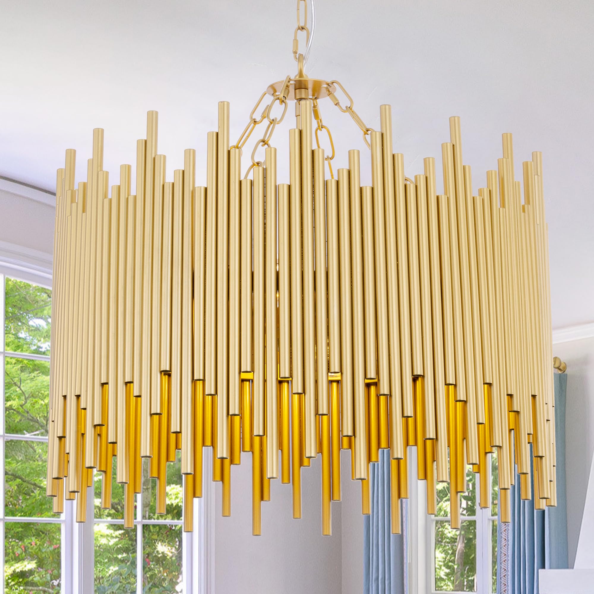 Photo 1 of ***DAMAGE -SELLING AS IS*** TOCHIC Gold Chandelier Light Fixture 21" D, 4 Lights Modern Farmhouse Drum Chandeliers Rustic Hanging Pendant Ceiling Light Fixture for High Ceilings Dining Living Room Foyer Kitchen Entryway Hallway