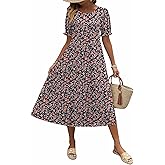 Zeagoo Womens Summer Dress Casual Midi Dresses 2026 Short Puff Sleeve Flare Dress Pleated Flowy Sundress with Pockets