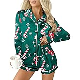 MYHALF Christmas Santa Pajama Set Women Christmas Pajamas Xmas Long Sleeve Sleepwear 2 Piece Button Down Pjs Lounge Set