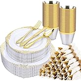 Realluck 350 PCS White and Gold Plastic Plates, Plastic Dinnerware Set for 50 Guests, 100 Disposable Plates, 150 Silverwares, 50 Cups, 50 Napkins for Party, Wedding, Graduation