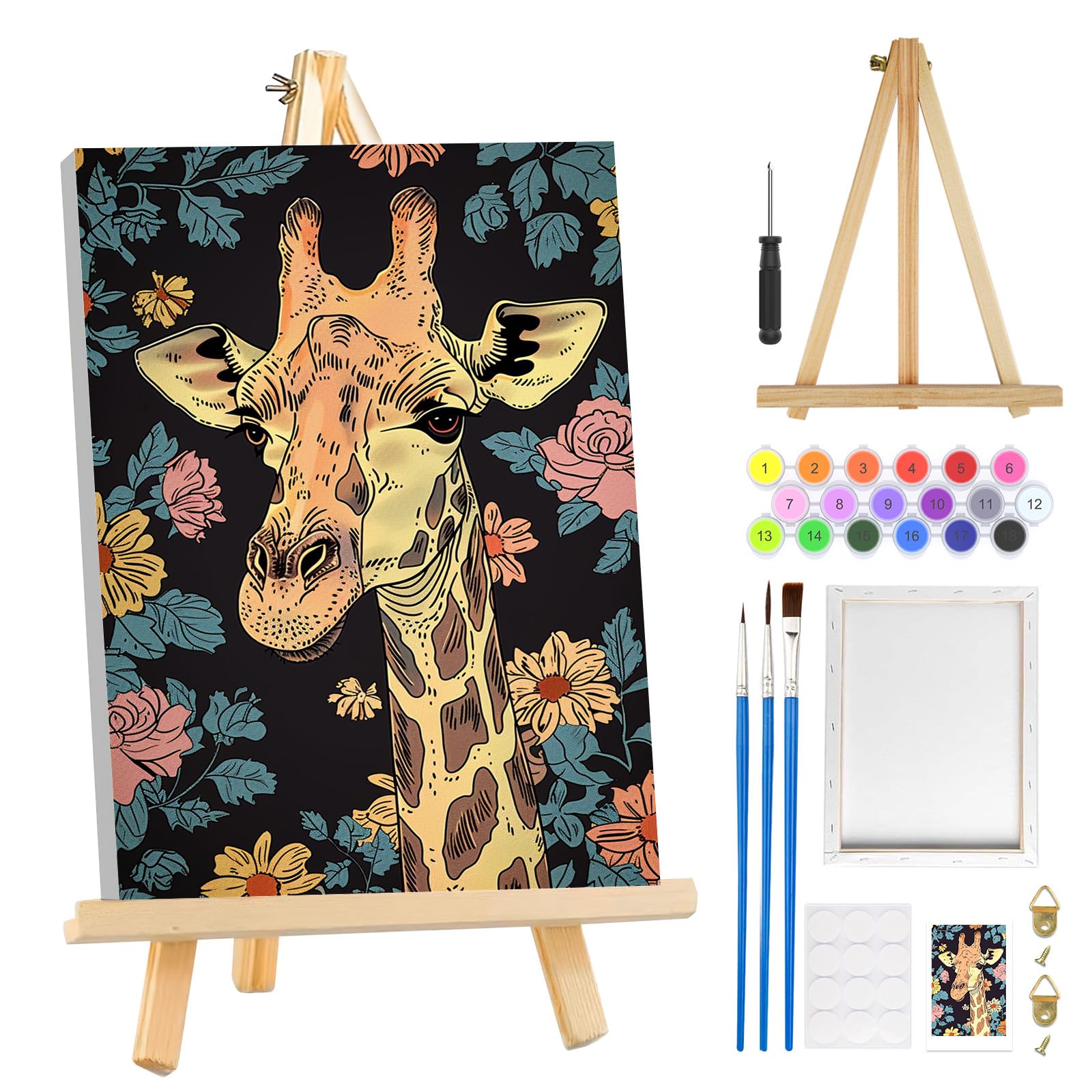 MOGTAA Framed Paint by Numbers for Adults Giraffe with Wooden Easel, Flowers Painting by Numbers for Adults on Canvas, DIY Acrylic Oil Painting Kits Art Crafts for Home Decor, 8x12in