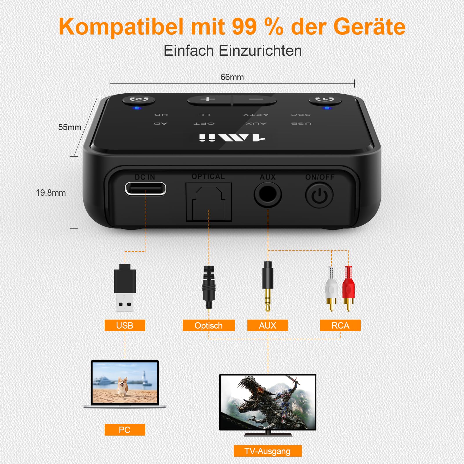 1Mii B06T6 Bluetooth 5.3 Transmitter für TV, aptX Low Latency/HD/Adaptive Audio Sender mit Dual Link für 2 Kopfhörer, Optisch/AUX/RCA/USB Audio Adapter, bis zu 30 m Reichweite 4