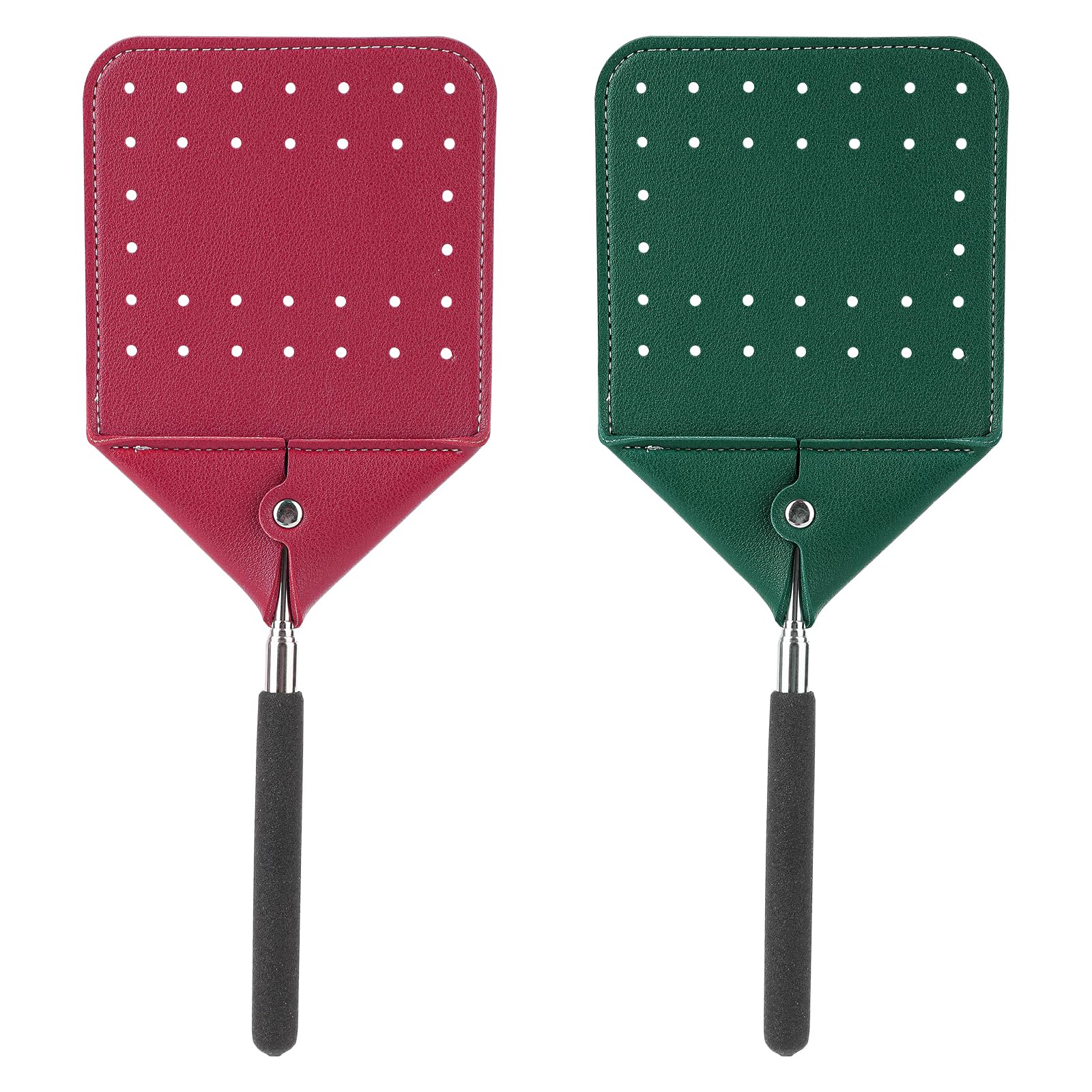 2pcs Telescopic Leather Fly Swatters, Telescoping Manual Heavy Duty Flyswatter with Long Handle Extendable Fly Swatters for Swatting Mosquitoes Flies Indoors Outdoors(Red, Dark Green)