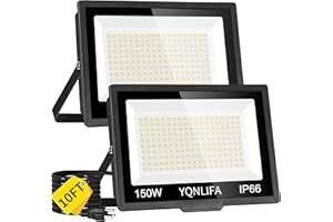 YQNLIFA 150W LED Flood Lights Outdoor with 10FT Power Cord, 18000LM 5000K White Floodlight, IP66 Waterproof Plug in Flood Light Outdoor Yard Lights for Garden, Garage, Yard, Lawn, Stadium(2 Pack)