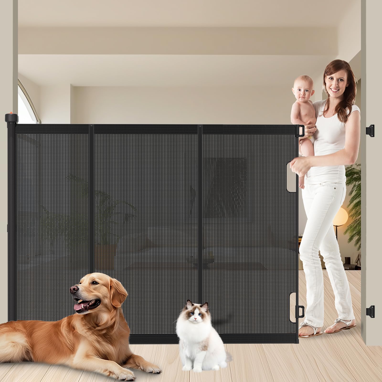 Photo 1 of (PARTIAL SET) Extra Tall Retractable Baby Gates: 51" Tall Pet Gate, Extend up to 200" Wide, Mesh Baby Gate with Support Rods Jump-Proof Design for Cats & Large Dogs High Dog Cat Door Indoor Outdoor, Black
