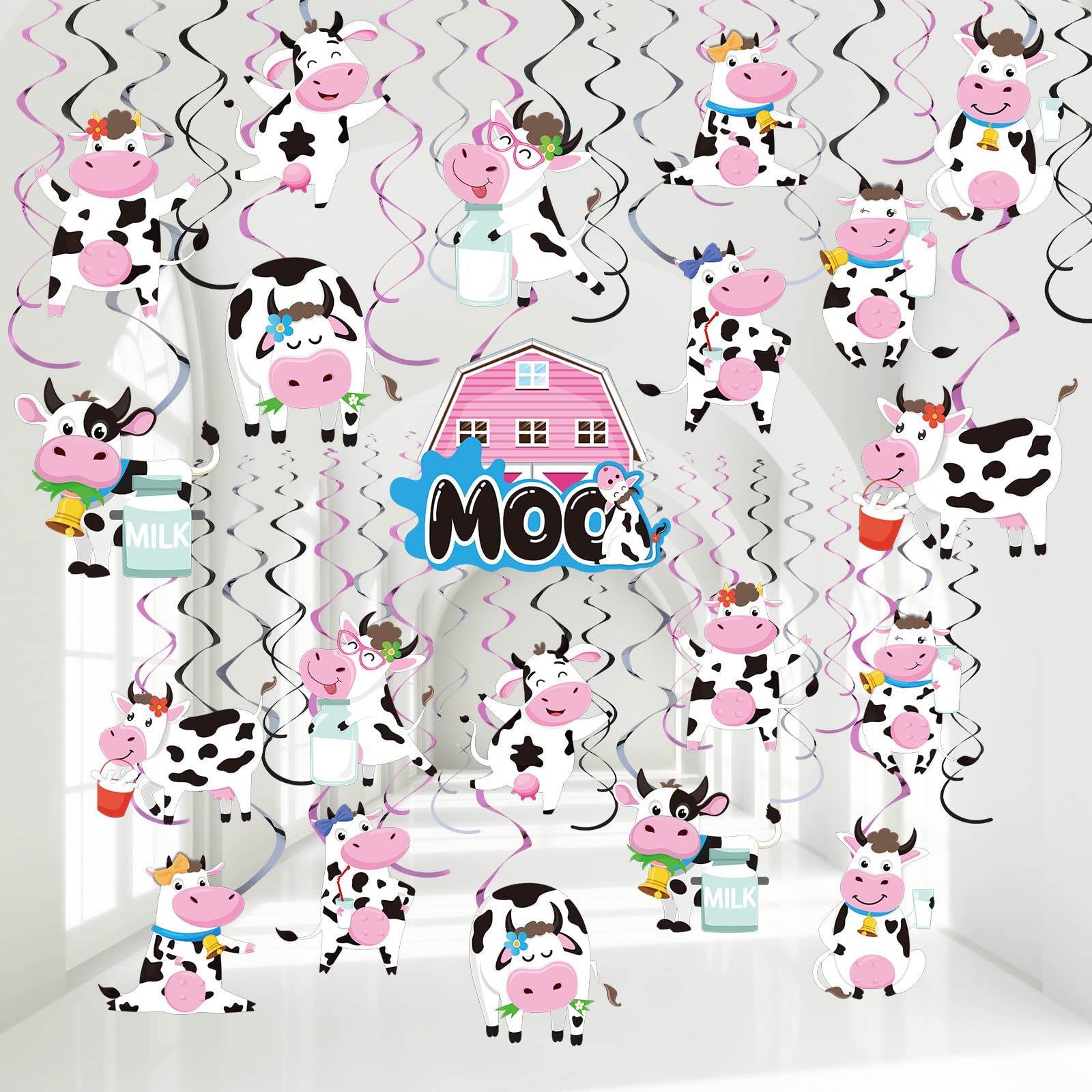 Photo 1 of 30 Pcs Cow Print Birthday Party Supplies Cow Hanging Swirl Pink Cow Party Decorations Moo Moo Party Decorations Cow 1st 2nd Bday Birthday Party Supplies for Ceiling Baby Shower Farm Animals Decor